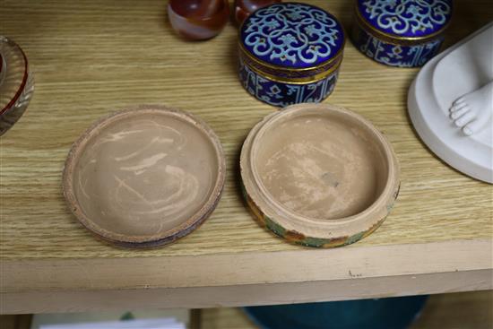 Two Islamic champleve enamel boxes and covers, agate geode halves and quartz cups